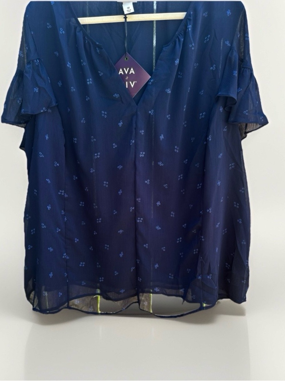 Ava & Viv Navy Floral V-Neck Flutter Sleeve Blouse - Picture 3 of 8